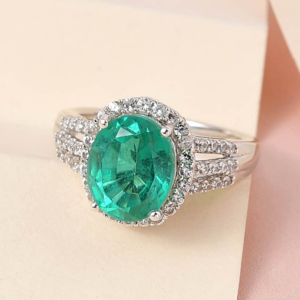 Exquisite Emeraldine Quartz & Moissanite Ring Platinum over Sterling Silver Sz 8 - Picture 7 of 12